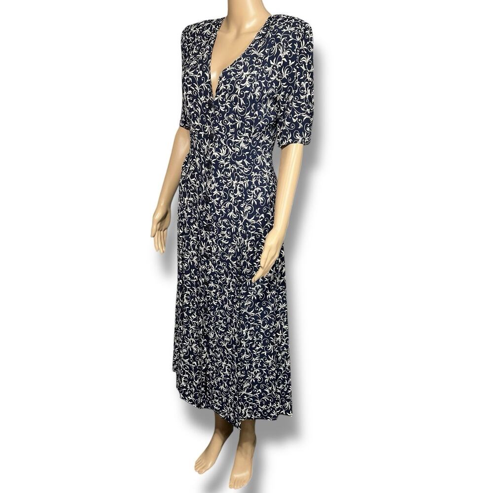 Express Vintage 90s Navy Floral Button Front Midi Shirt Dress Womens Size 10 - Picture 8 of 12